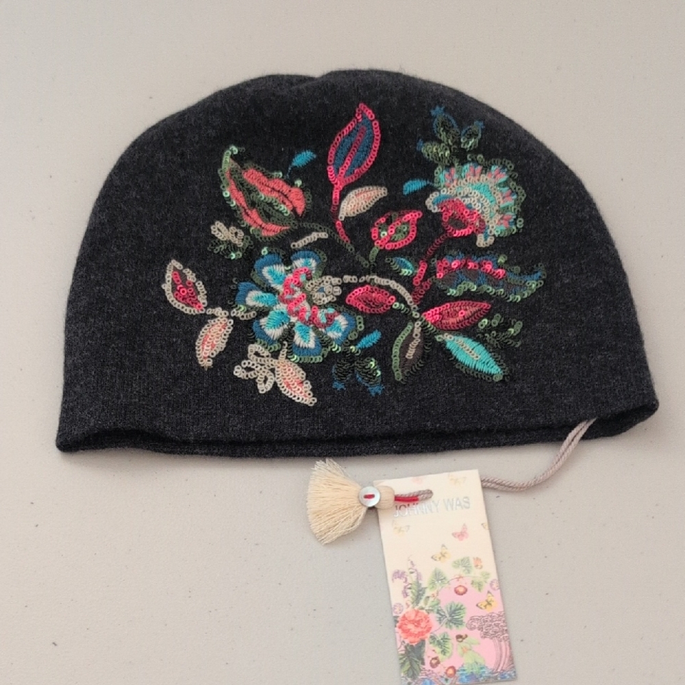 NWT - Johnny Was Dark Gray Beanie w/ Vibrant Floral Embroidery - Wool & Cashmere